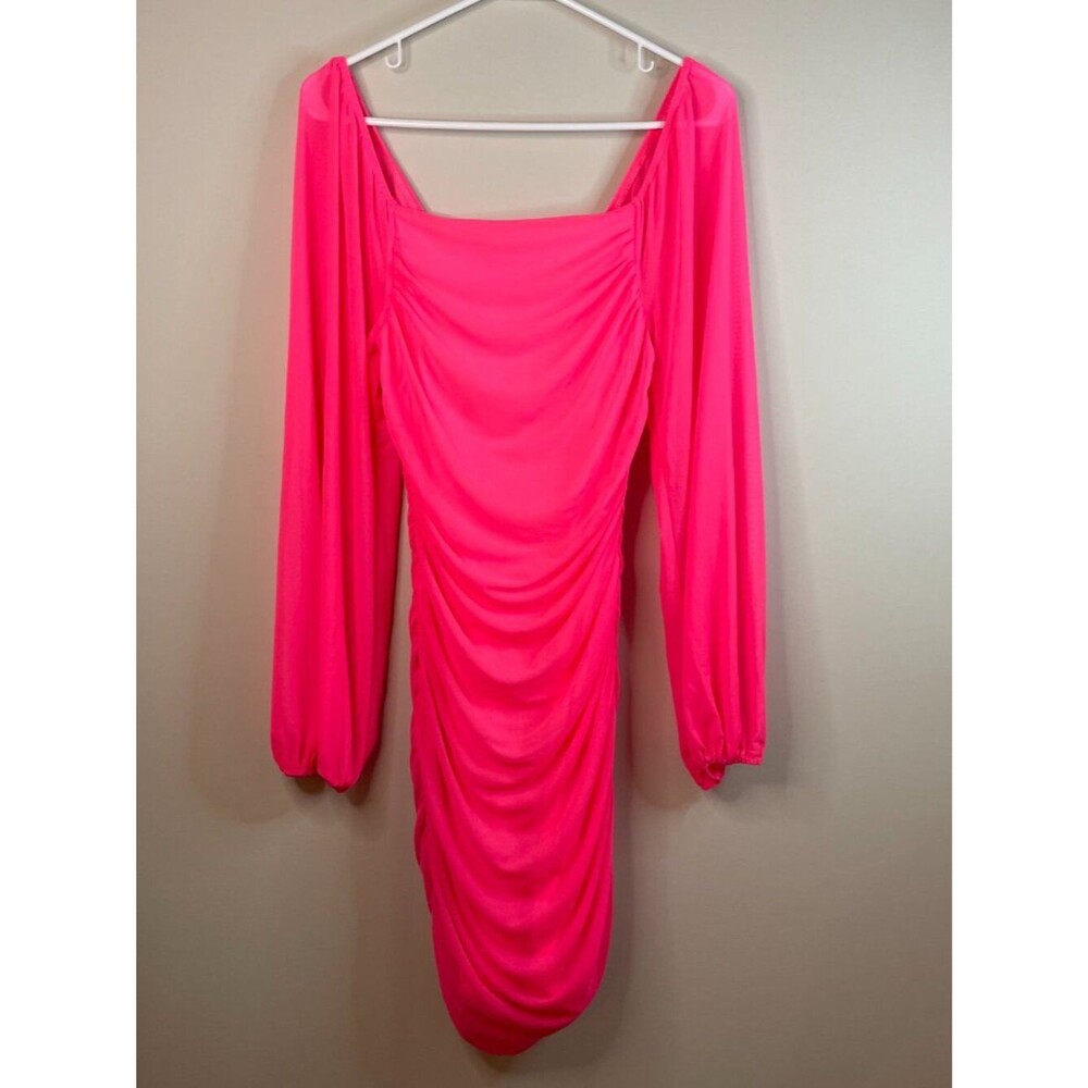 MEROKEETY Hot Pink Long Sleeve Square Neck Mesh Bodycon Midi Dress Size M 8-10